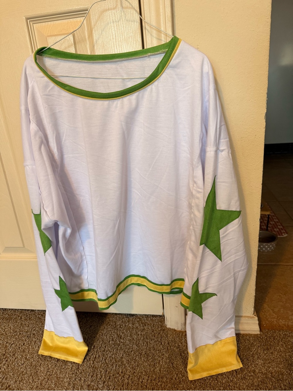 Women’s White Long-Sleeve Star Top with Green and Yellow Trim